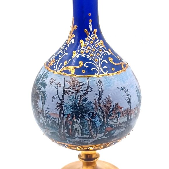 Murano Cobalt Blue Gold Pedestal Italian Victorian Scenes Decanter Wine Glasses - Picture 9 of 15